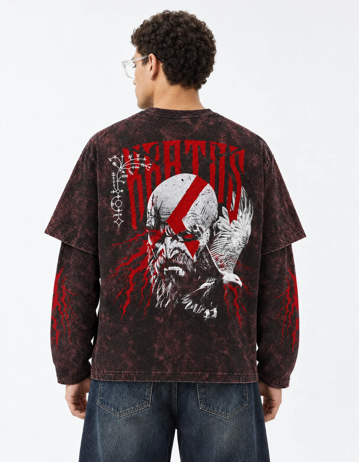 Kratos Acid Wash Layered Full Sleeve Tee — back view on model