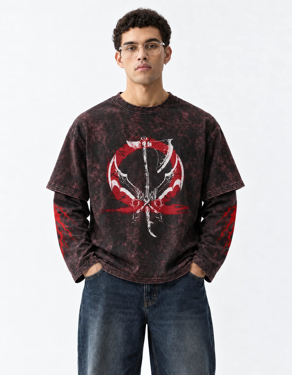 Kratos Acid Wash Layered Full Sleeve Tee — front view on model