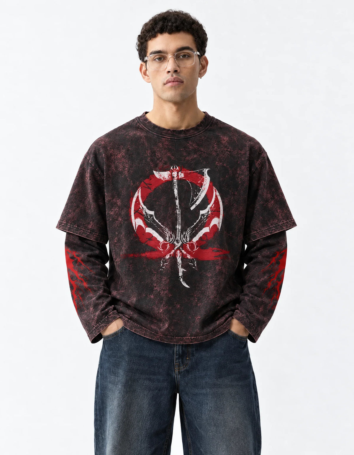 Kratos Acid Wash Layered Full Sleeve Tee — front view on model