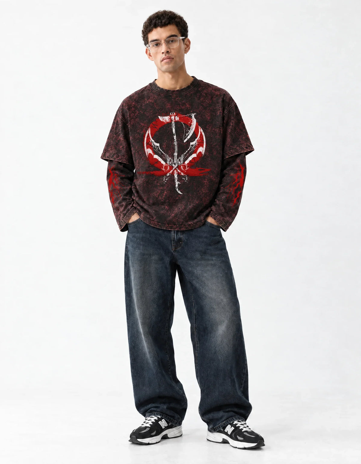 Kratos Acid Wash Layered Full Sleeve Tee — full-body view on model
