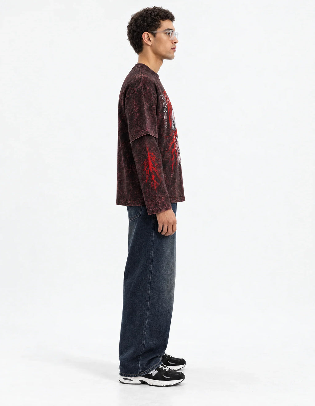 Kratos Acid Wash Layered Full Sleeve Tee — side view on model showing layered sleeves