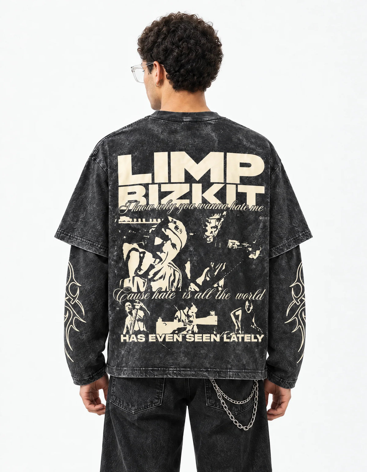 Limp Bizkit Acid Wash Layered Full Sleeve Oversized T-shirt — back view on model