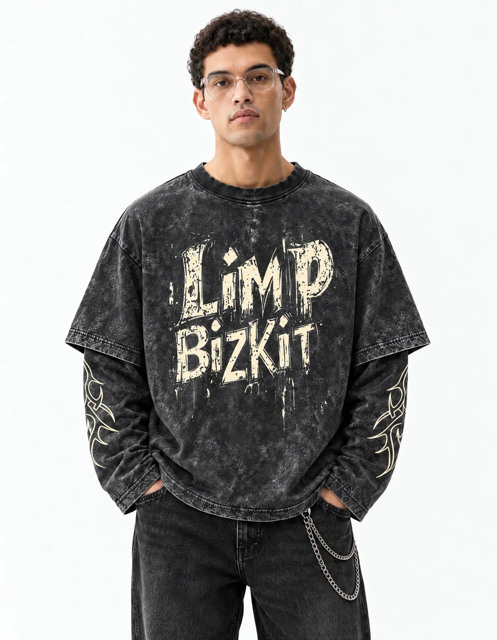 Limp Bizkit Acid Wash Layered Full Sleeve Oversized T-shirt — front view on model