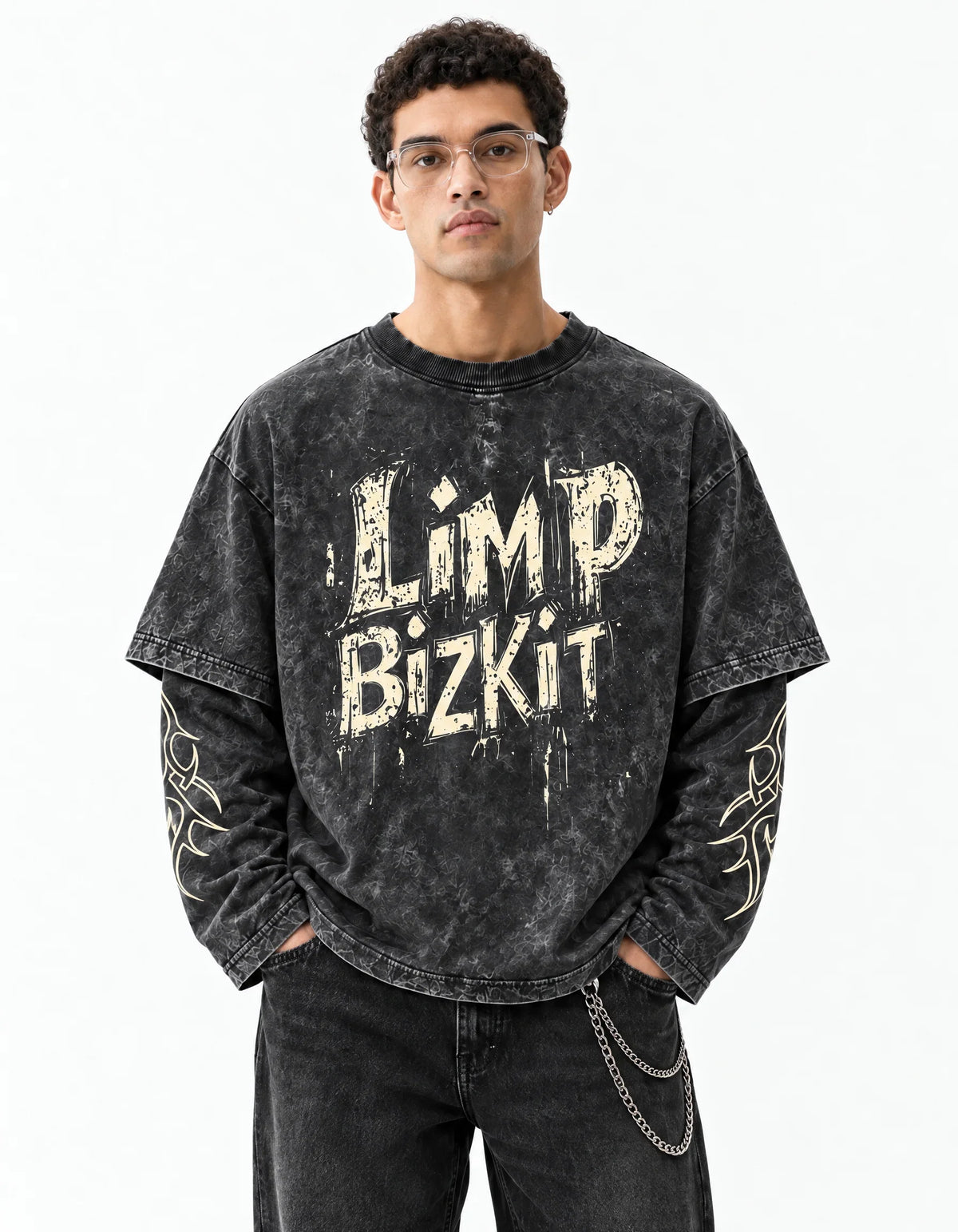 Limp Bizkit Acid Wash Layered Full Sleeve Oversized T-shirt — front view on model