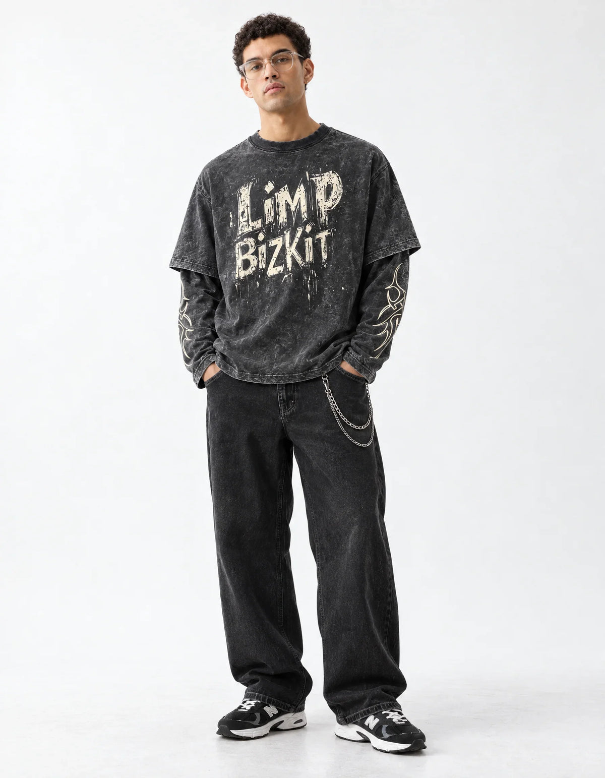 Limp Bizkit Acid Wash Layered Full Sleeve Oversized T-shirt — full-body view on model