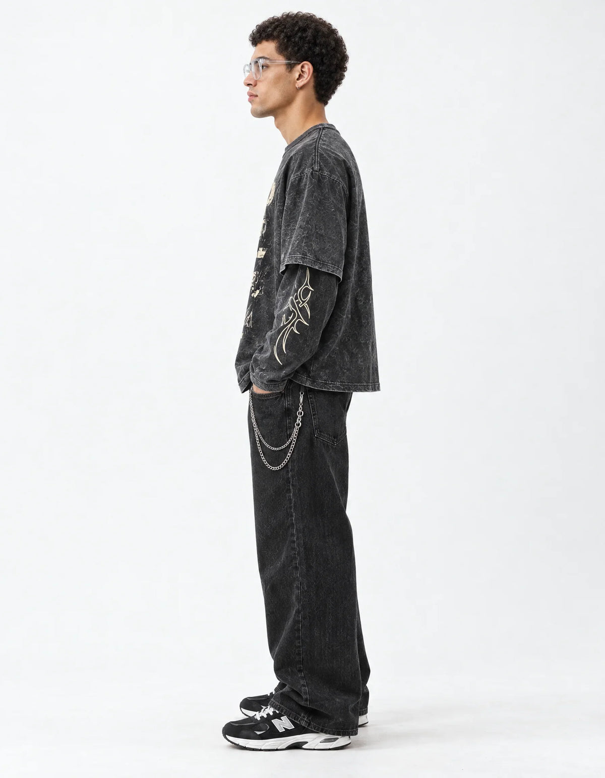 Limp Bizkit Acid Wash Layered Full Sleeve Oversized T-shirt — side view on model showing layered sleeves