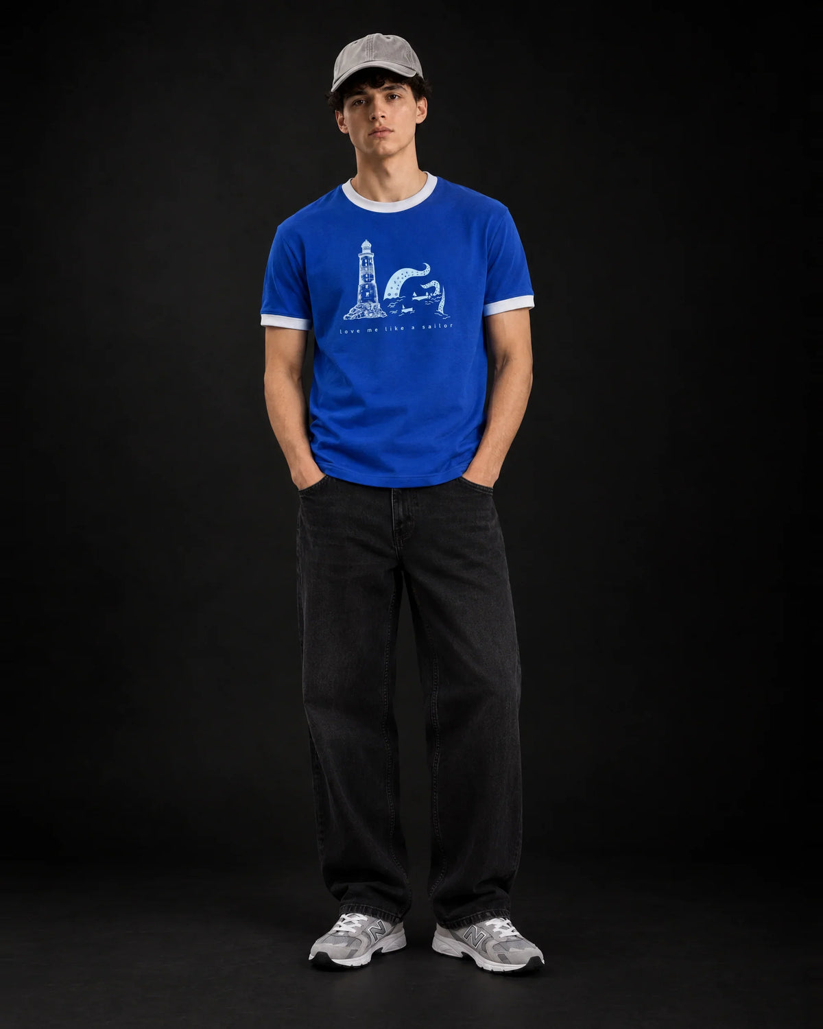 Love Me Like a Sailor Ringer Tee — full-body front view on model