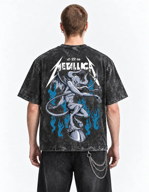 Metallica Flame Demon Boxy Acid Wash Tee