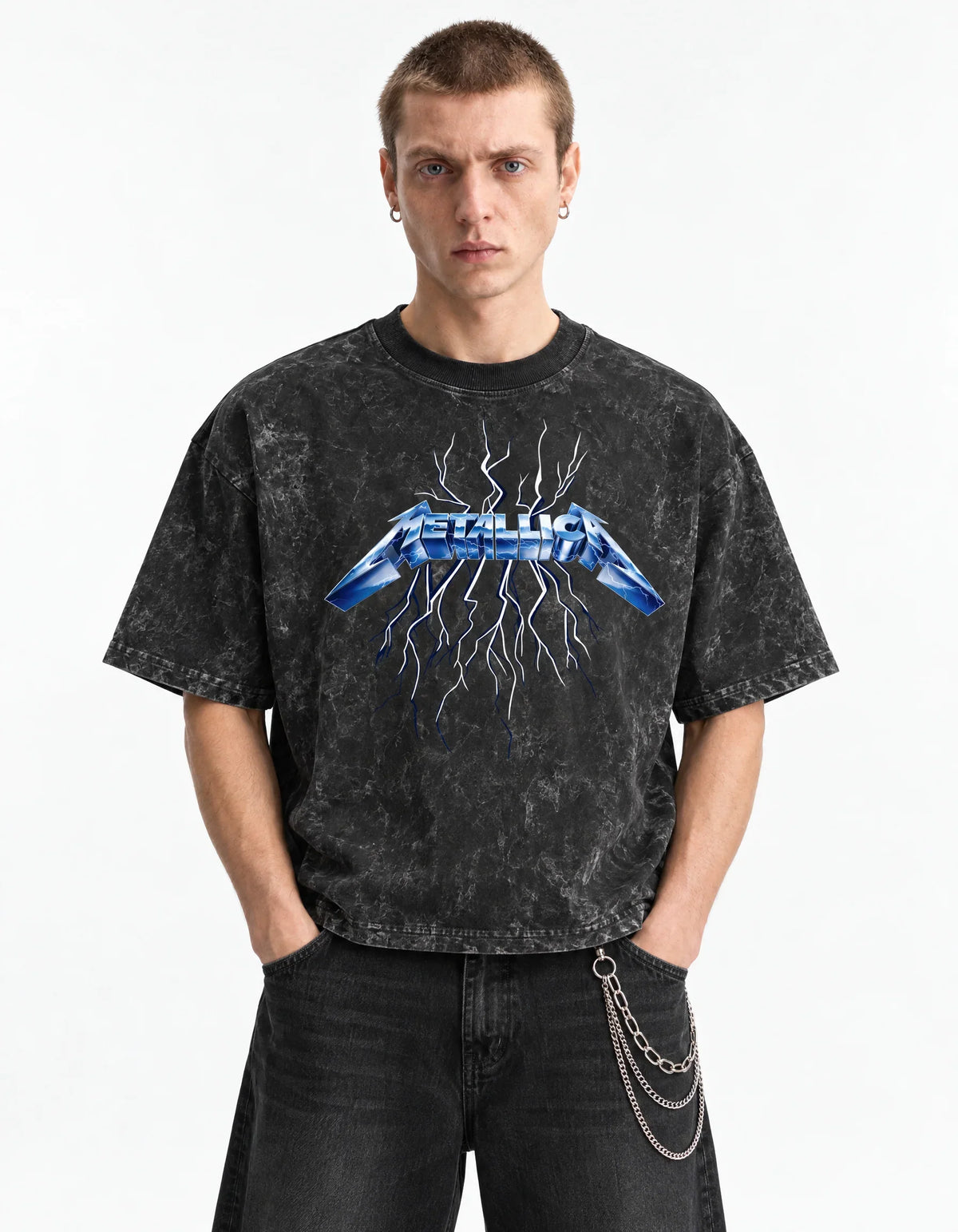 Metallica Flame Demon Boxy Acid Wash Tee — front view