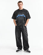 Metallica Flame Demon Boxy Acid Wash Tee — full-body view