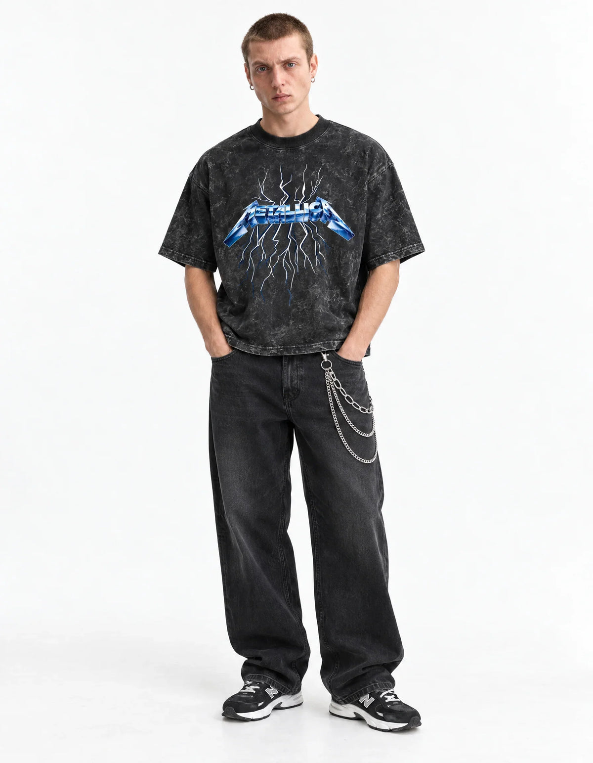 Metallica Flame Demon Boxy Acid Wash Tee — full-body view