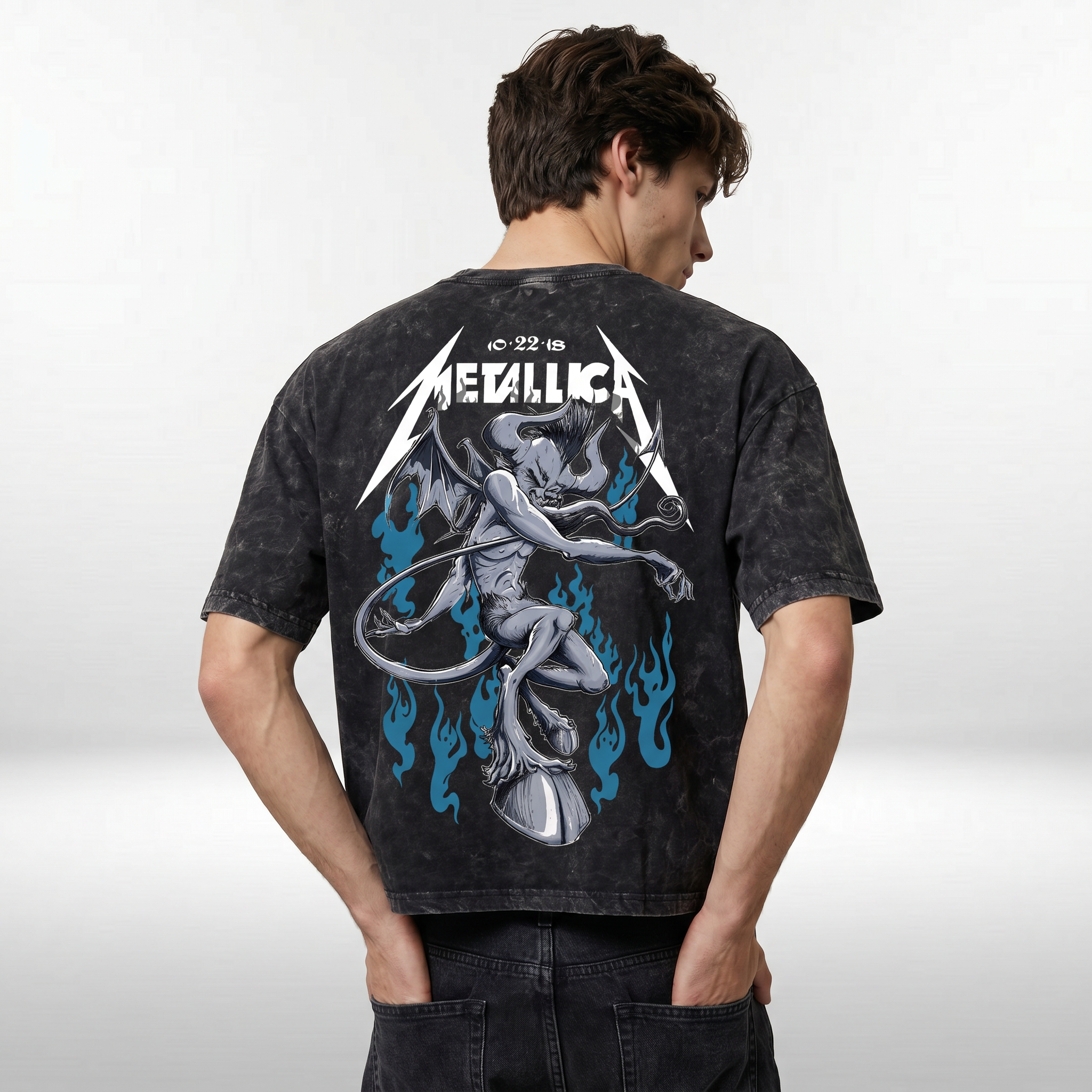 Metallica Flame Demon Boxy Acid Wash Tee