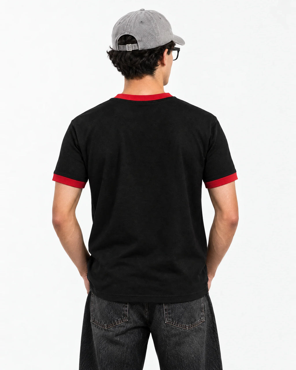 Minimal F*cks, Maximum Peace Ringer Tee — back view on model