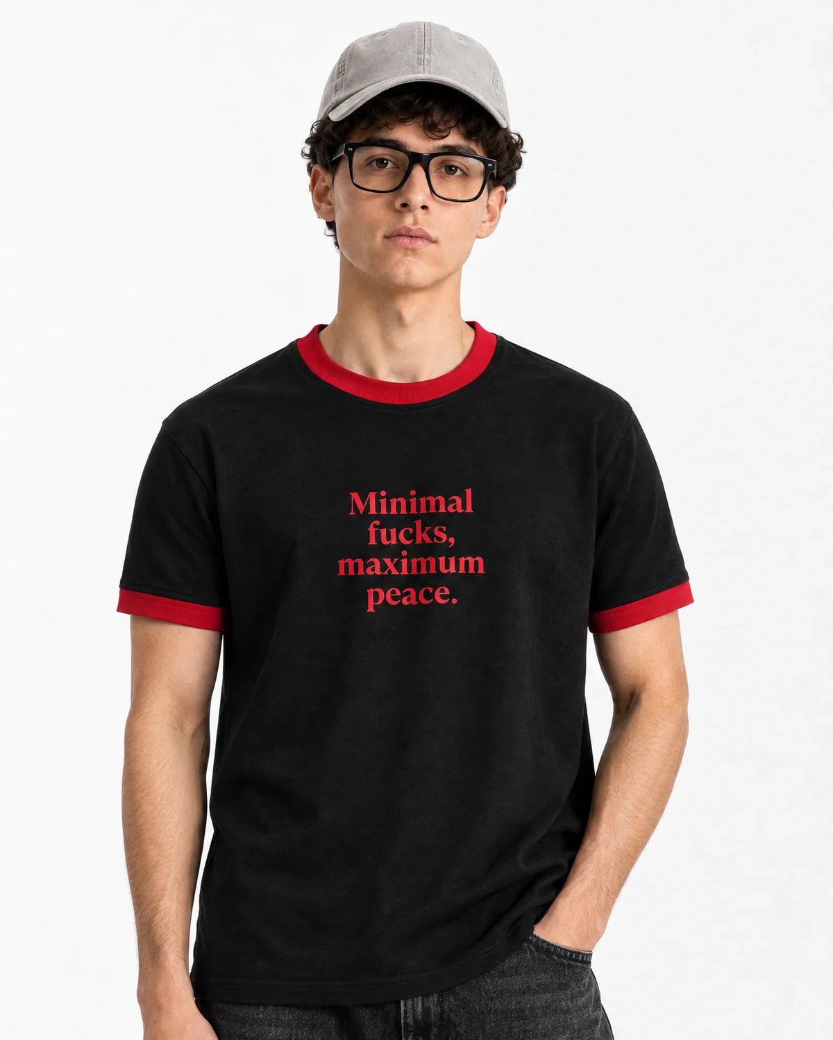 Minimal F*cks, Maximum Peace Ringer Tee — front view on model