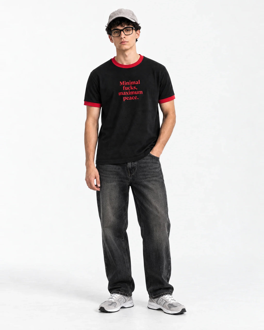 Minimal F*cks, Maximum Peace Ringer Tee — full-body front view on model
