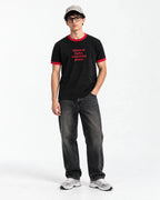 Minimal F*cks, Maximum Peace Ringer Tee — full-body front view on model