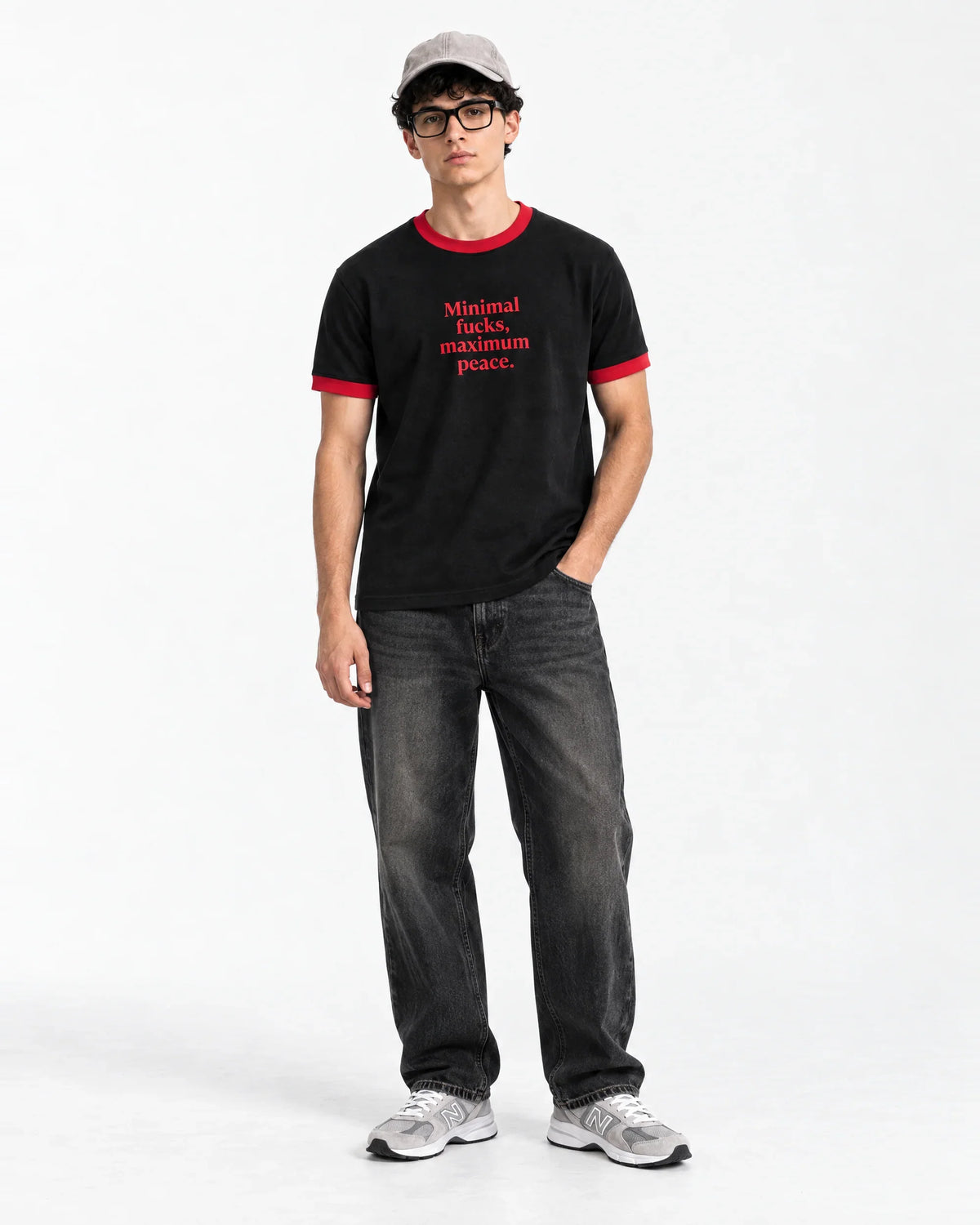 Minimal F*cks, Maximum Peace Ringer Tee — full-body front view on model