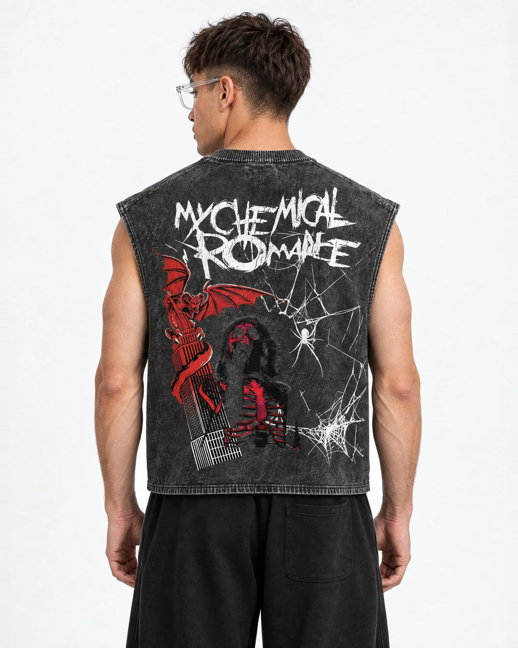 My Chemical Romance Shadow Web Acid Wash Vest – back view on model
