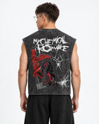 My Chemical Romance Shadow Web Acid Wash Vest – back view on model