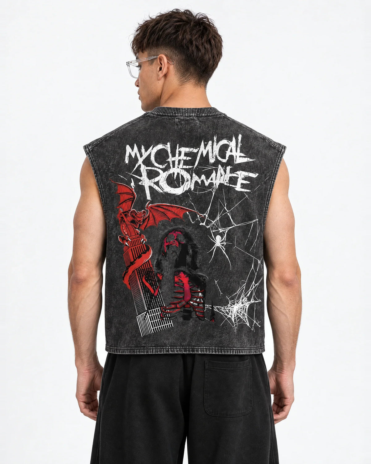 My Chemical Romance Shadow Web Acid Wash Vest – back view on model