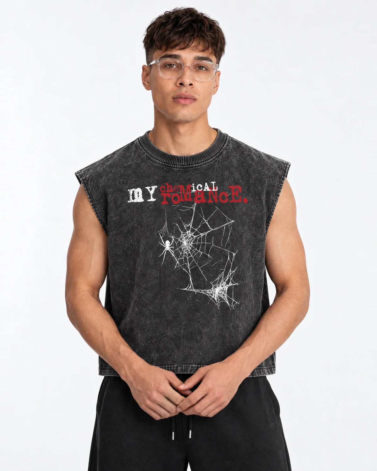 My Chemical Romance Shadow Web Acid Wash Vest – front view on model