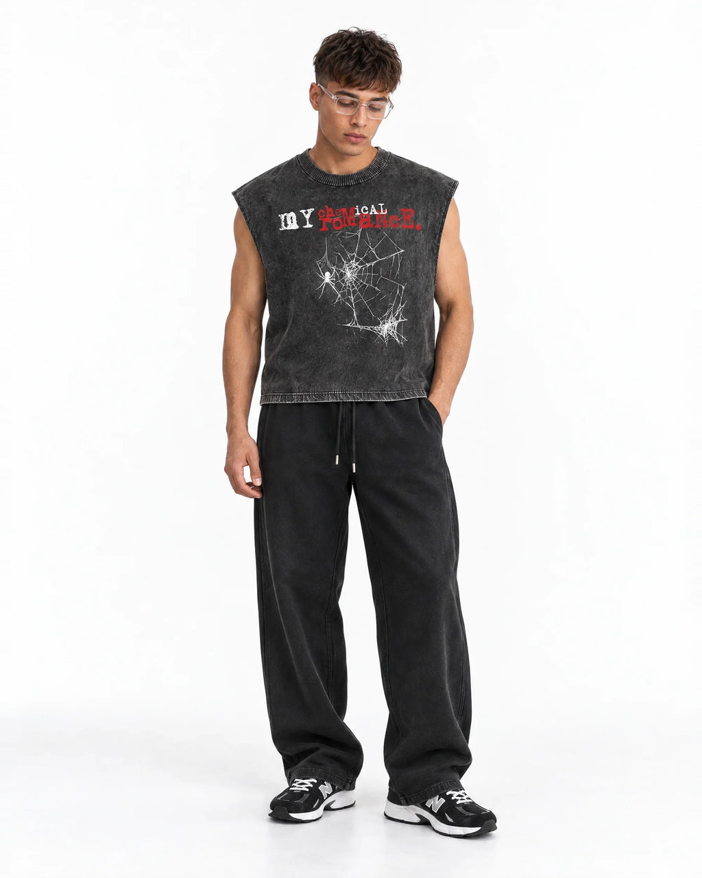 My Chemical Romance Shadow Web Acid Wash Vest – full body view on model
