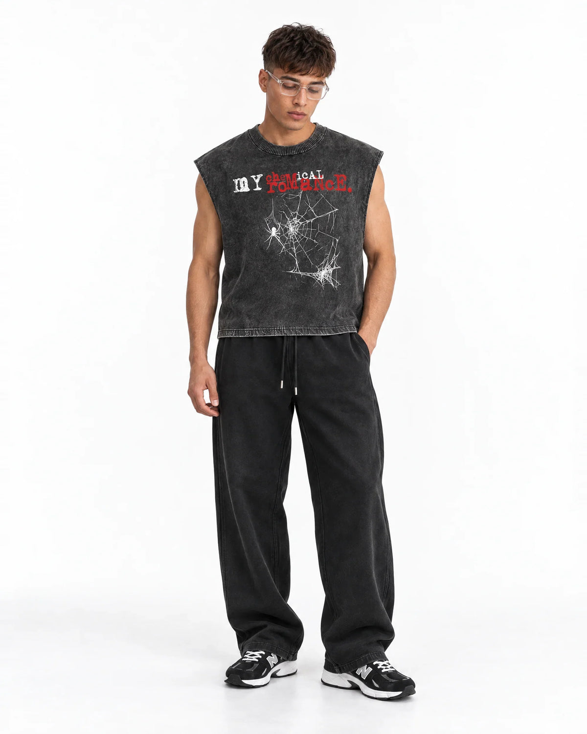 My Chemical Romance Shadow Web Acid Wash Vest – full body view on model