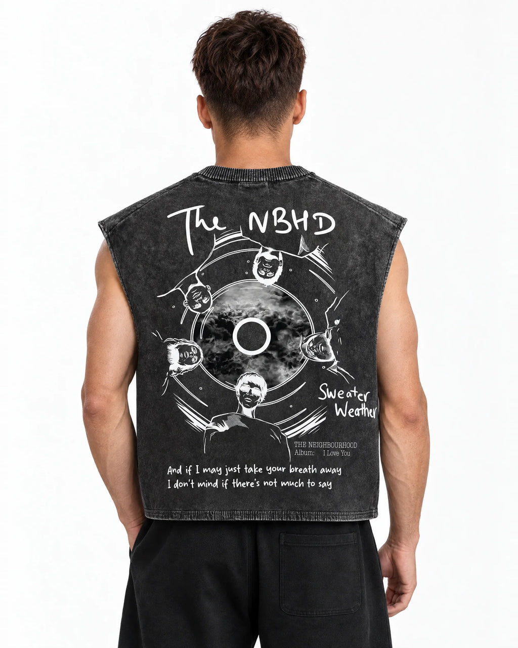 NBHD Sweater Weather Acid Wash Vest – back view on model