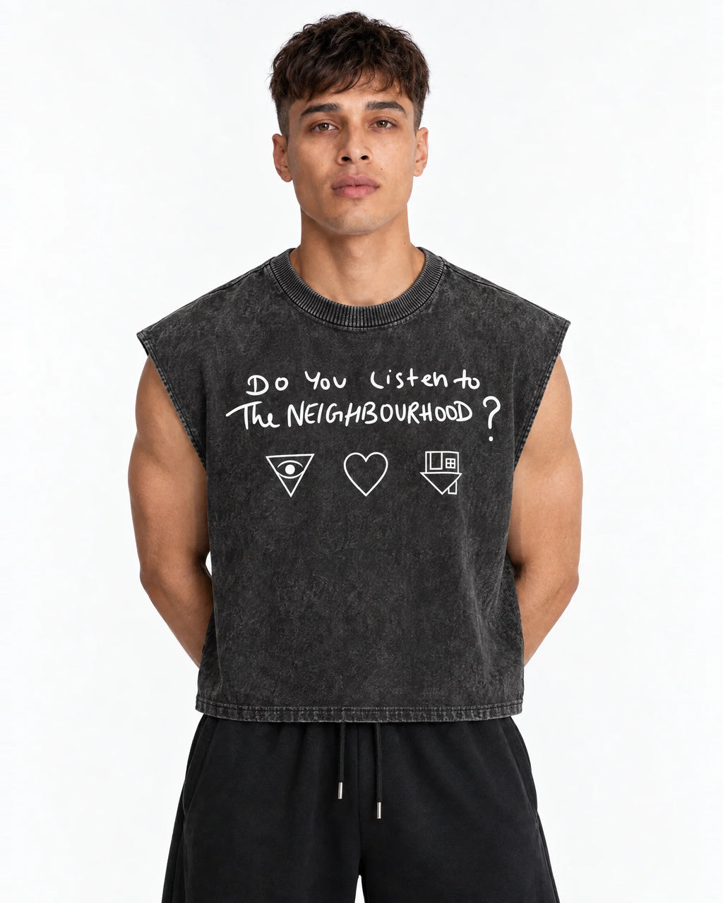 NBHD Sweater Weather Acid Wash Vest – front view on model