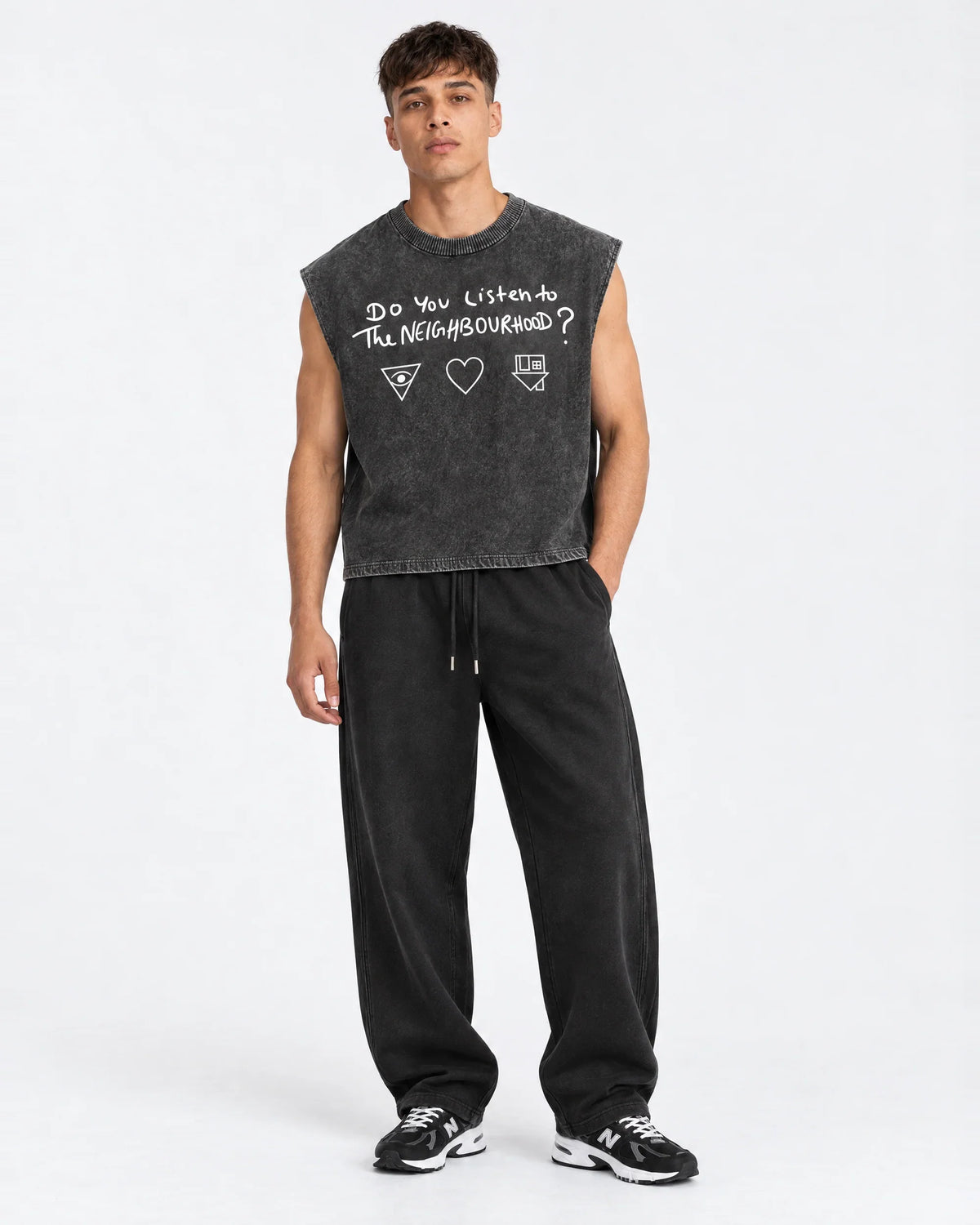 NBHD Sweater Weather Acid Wash Vest – full body view on model