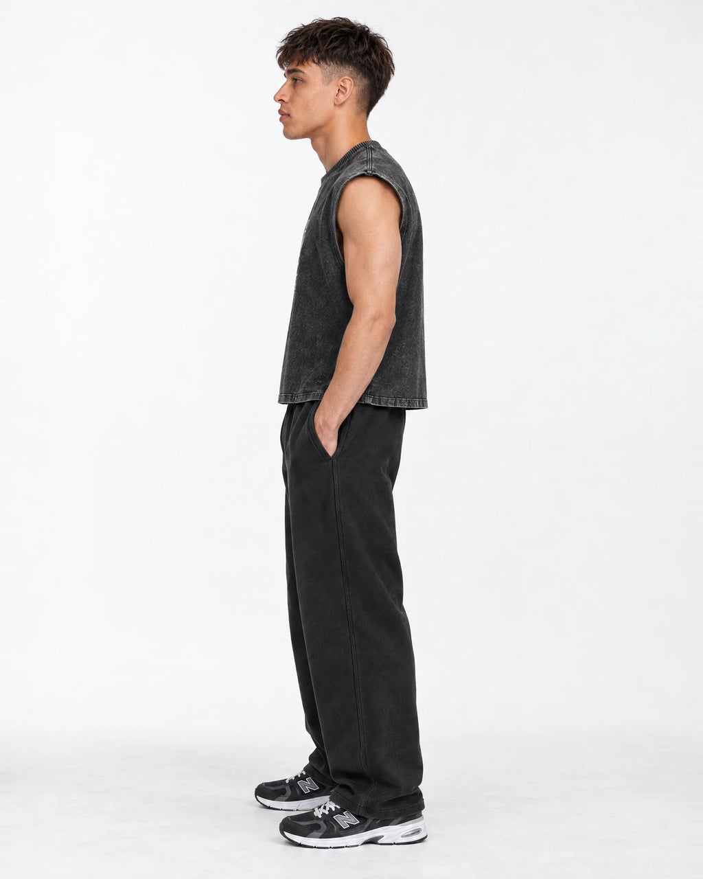 NBHD Sweater Weather Acid Wash Vest – side view on model
