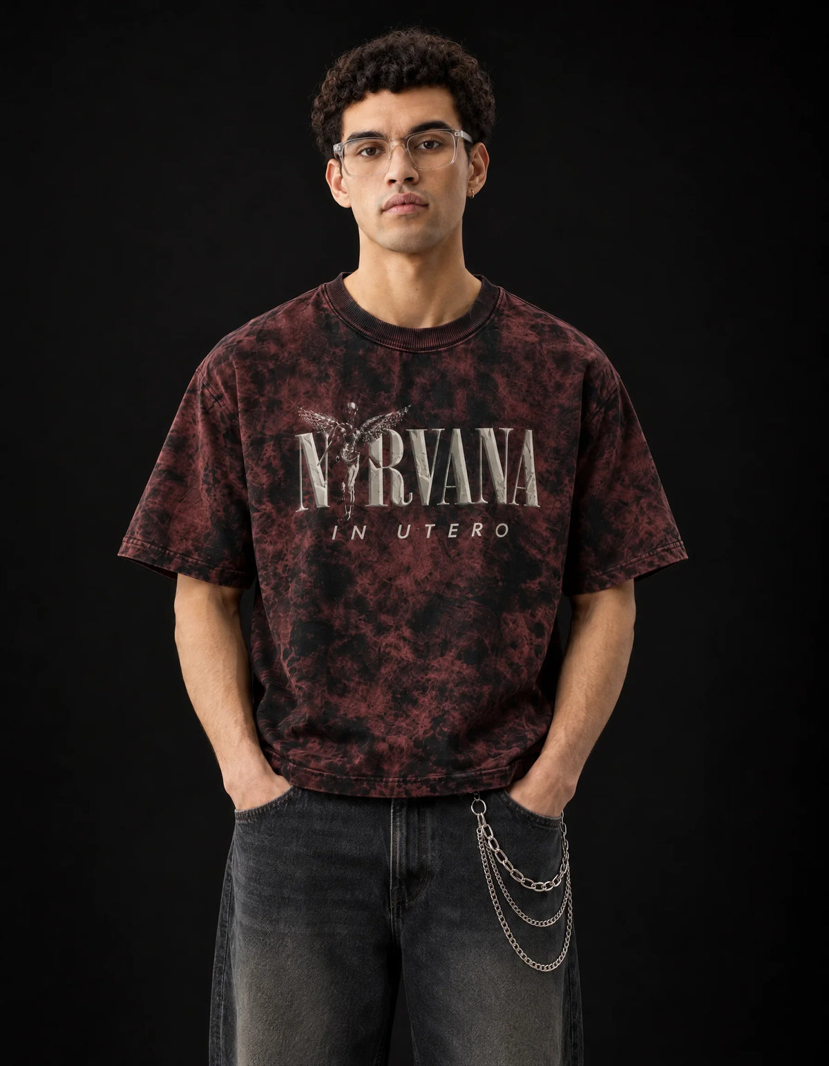 Nirvana "In Utero" Red Acid Wash Oversized T-Shirt — front view