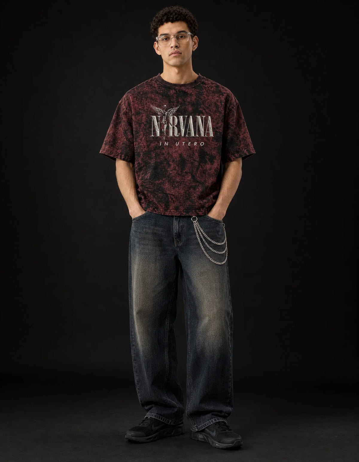Nirvana "In Utero" Red Acid Wash Oversized T-Shirt — full-body view