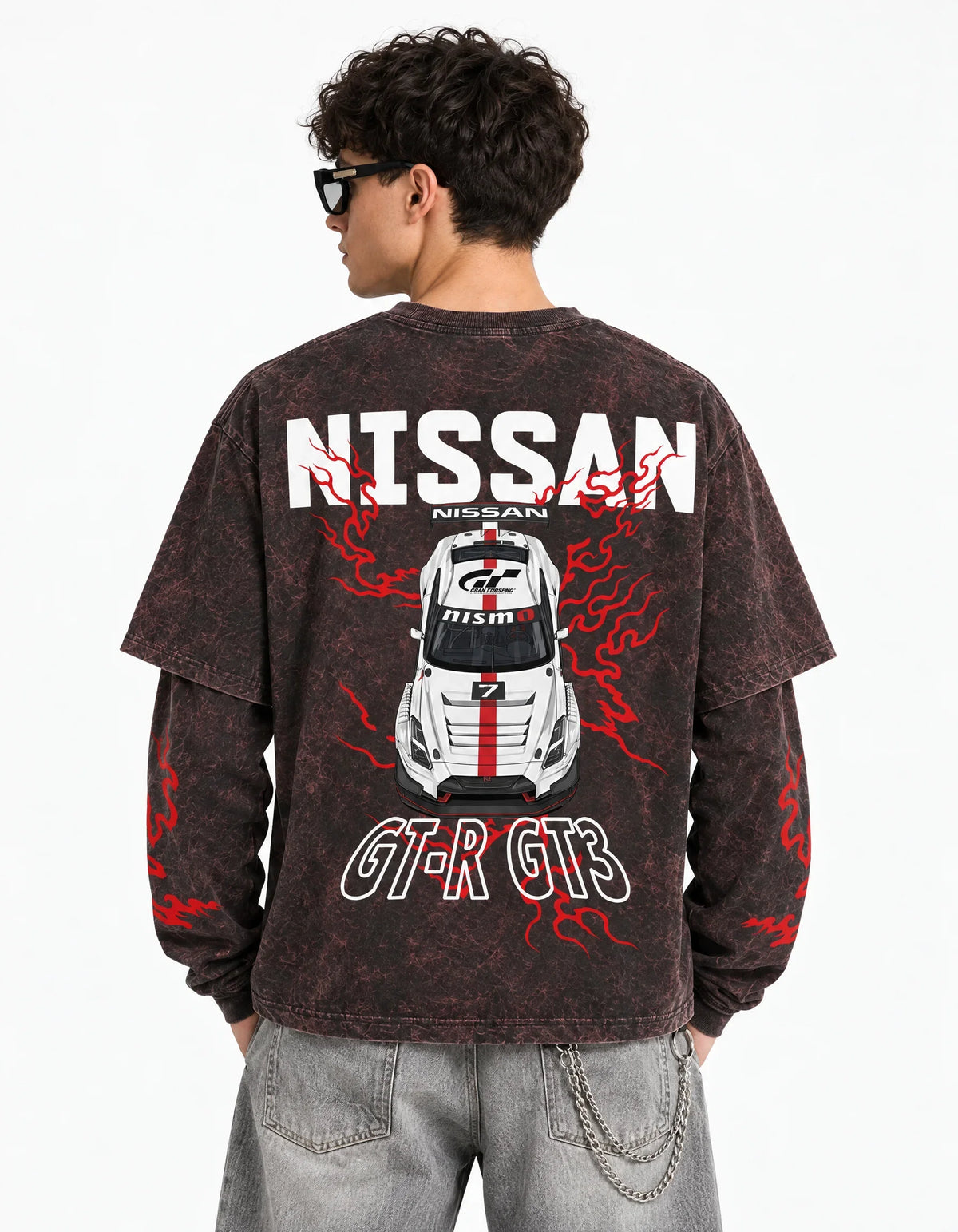 Nissan GT-R GT3 Vintage Acid Wash Layered Full Sleeve T-Shirt — back view on model