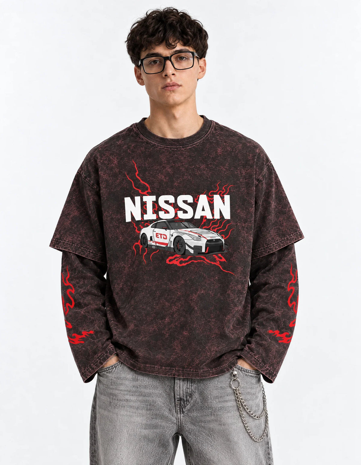 Nissan GT-R GT3 Vintage Acid Wash Layered Full Sleeve T-Shirt — front view on model