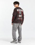 Nissan GT-R GT3 Vintage Acid Wash Layered Full Sleeve T-Shirt — full-body view on model