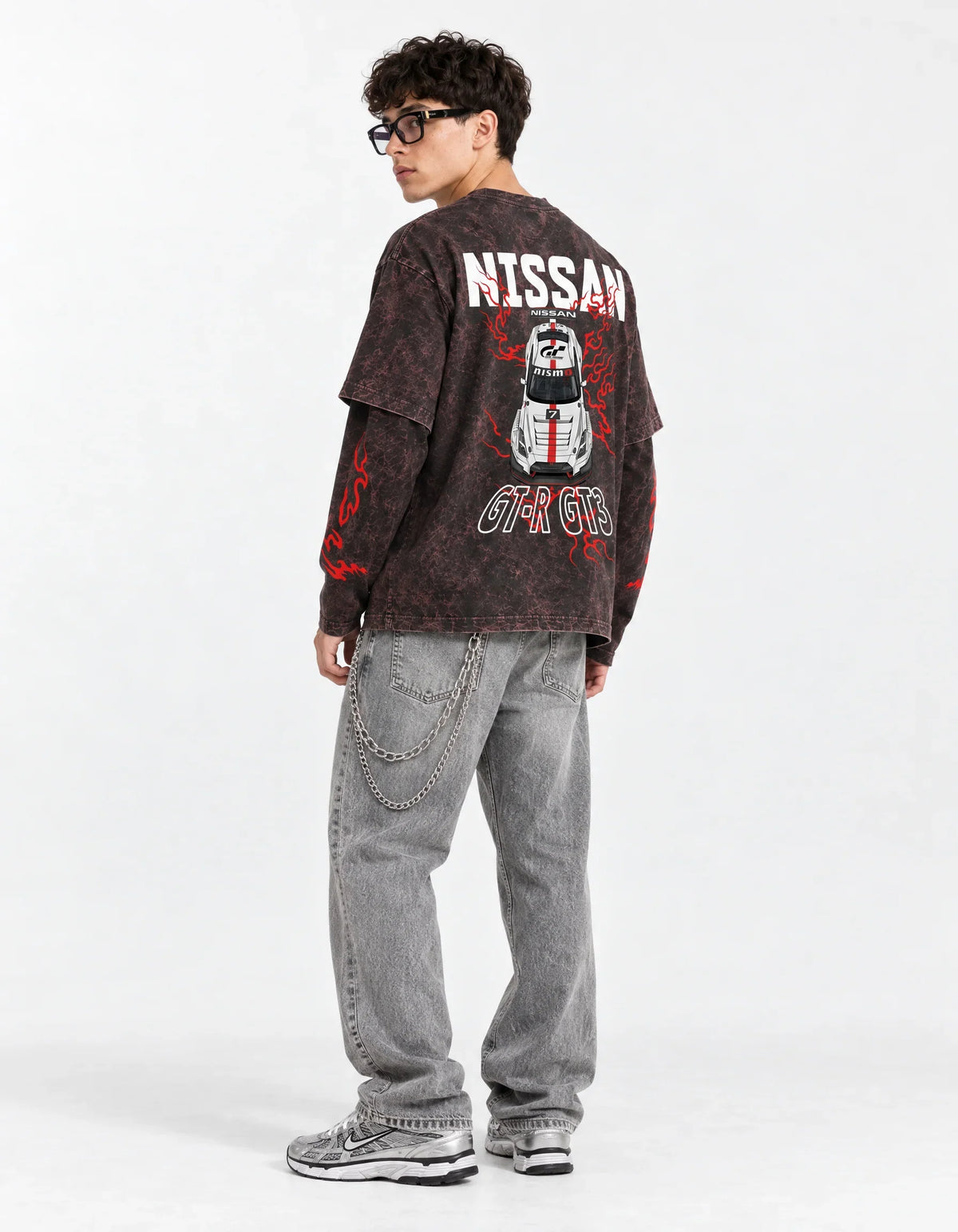 Nissan GT-R GT3 Vintage Acid Wash Layered Full Sleeve T-Shirt — full-body view on model