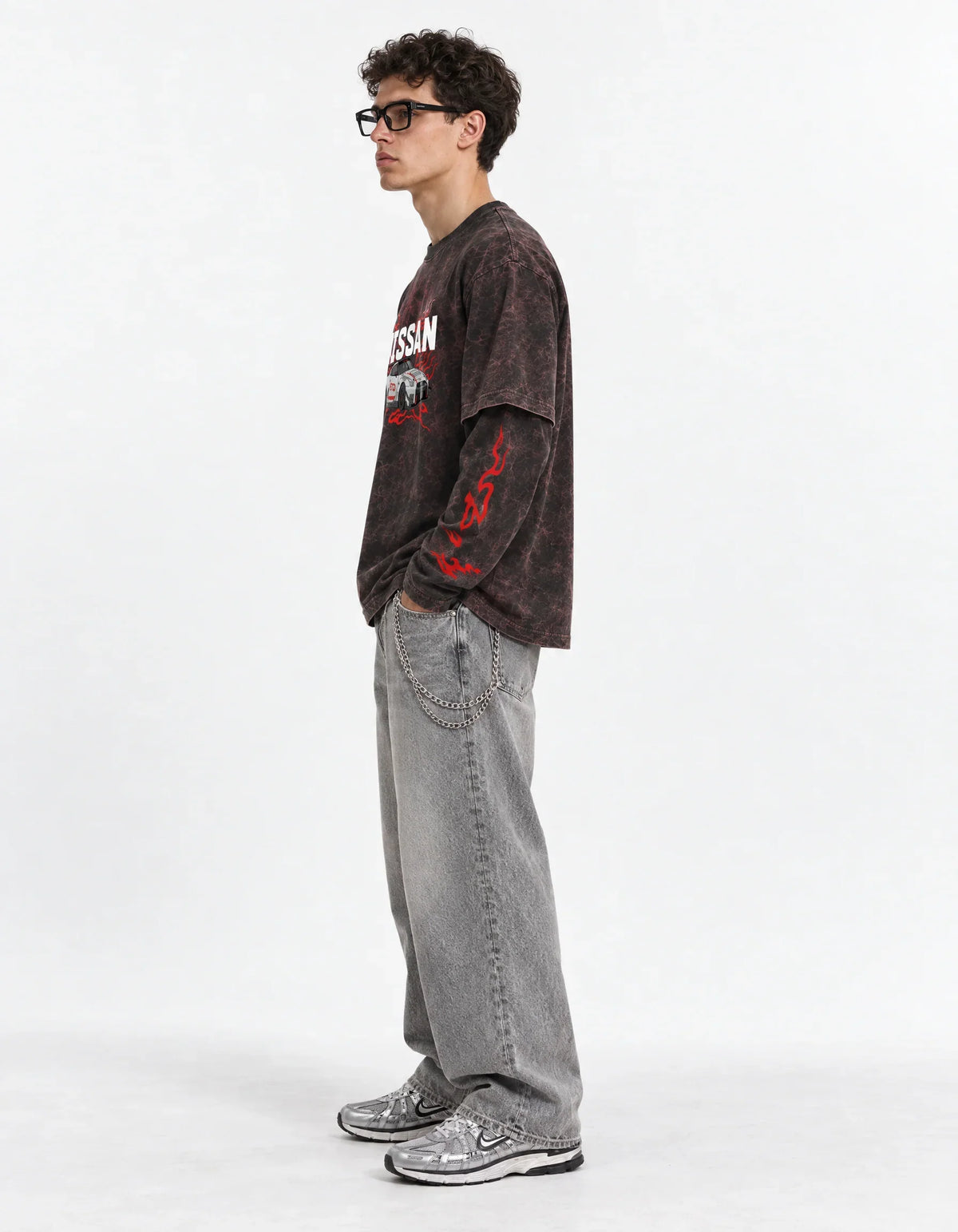 Nissan GT-R GT3 Vintage Acid Wash Layered Full Sleeve T-Shirt — side view on model showing layered sleeves