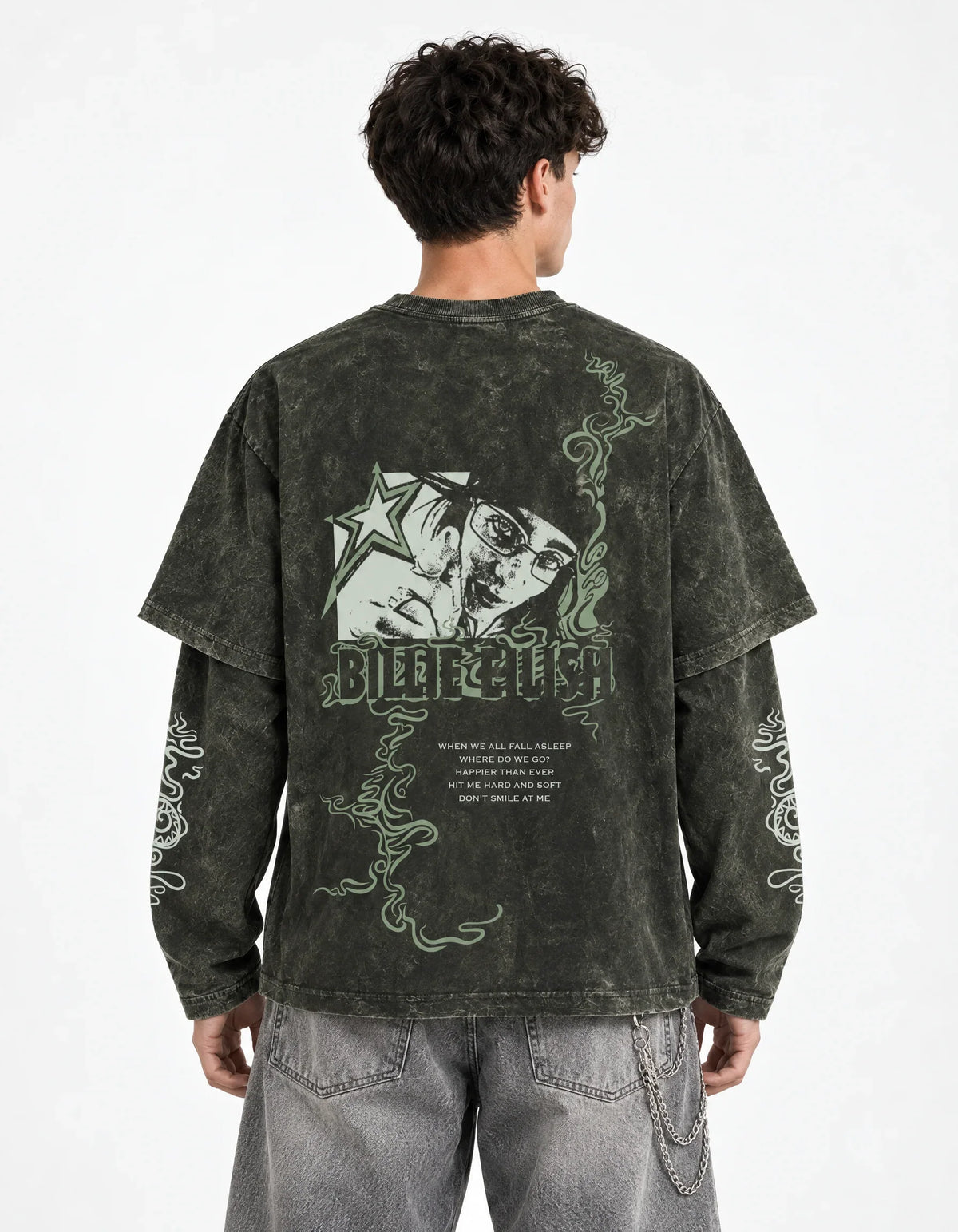 Ocean Eyes Acid Wash Layered Full Sleeve Oversized T-shirt — back view on model