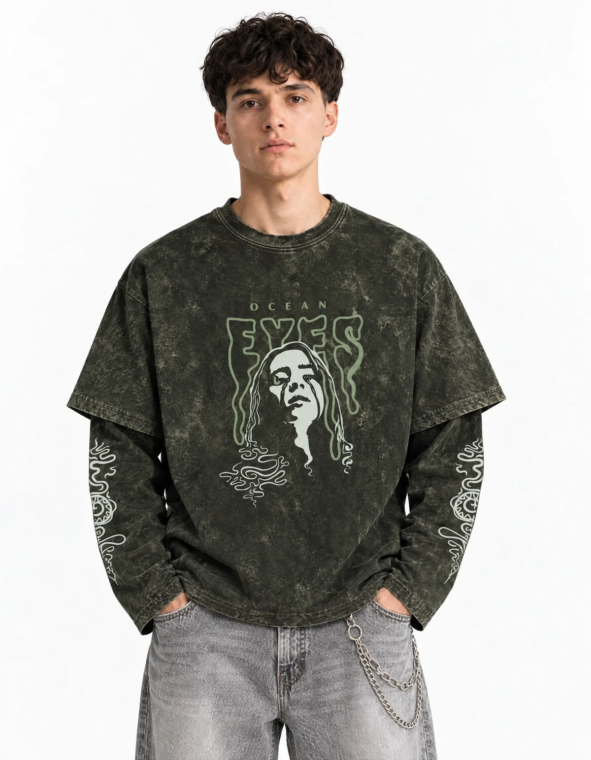 Ocean Eyes Acid Wash Layered Full Sleeve Oversized T-shirt — front view on model