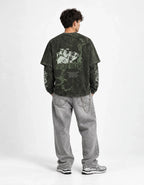 Ocean Eyes Acid Wash Layered Full Sleeve Oversized T-shirt — full-body view on model