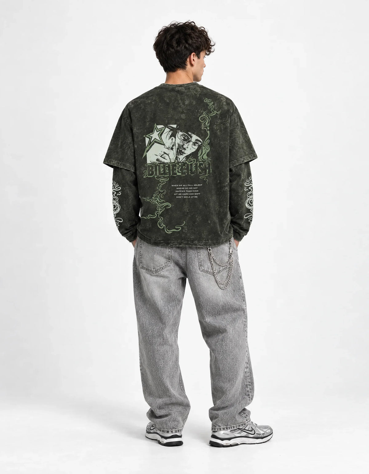 Ocean Eyes Acid Wash Layered Full Sleeve Oversized T-shirt — full-body view on model