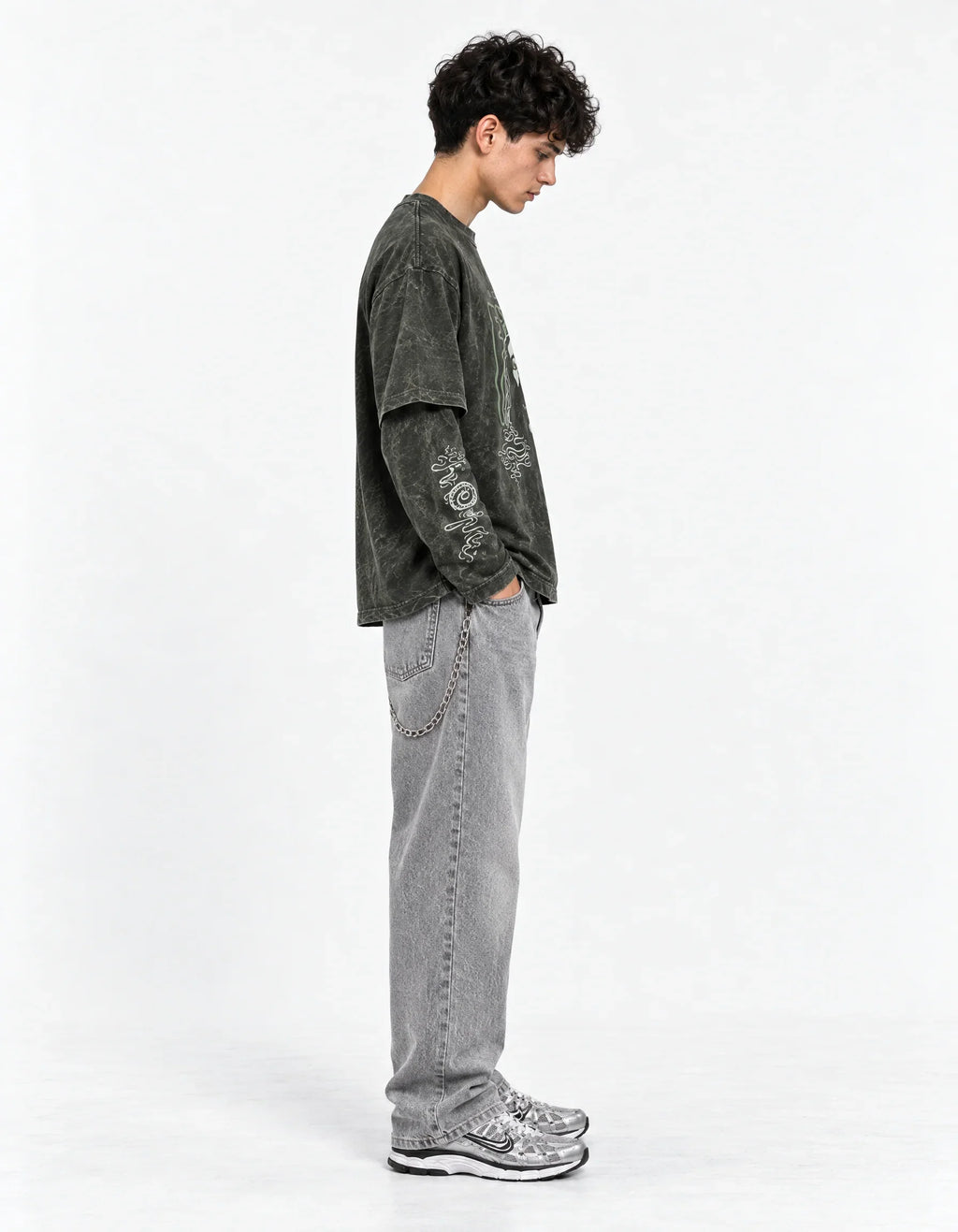 Ocean Eyes Acid Wash Layered Full Sleeve Oversized T-shirt — side view on model showing layered sleeves
