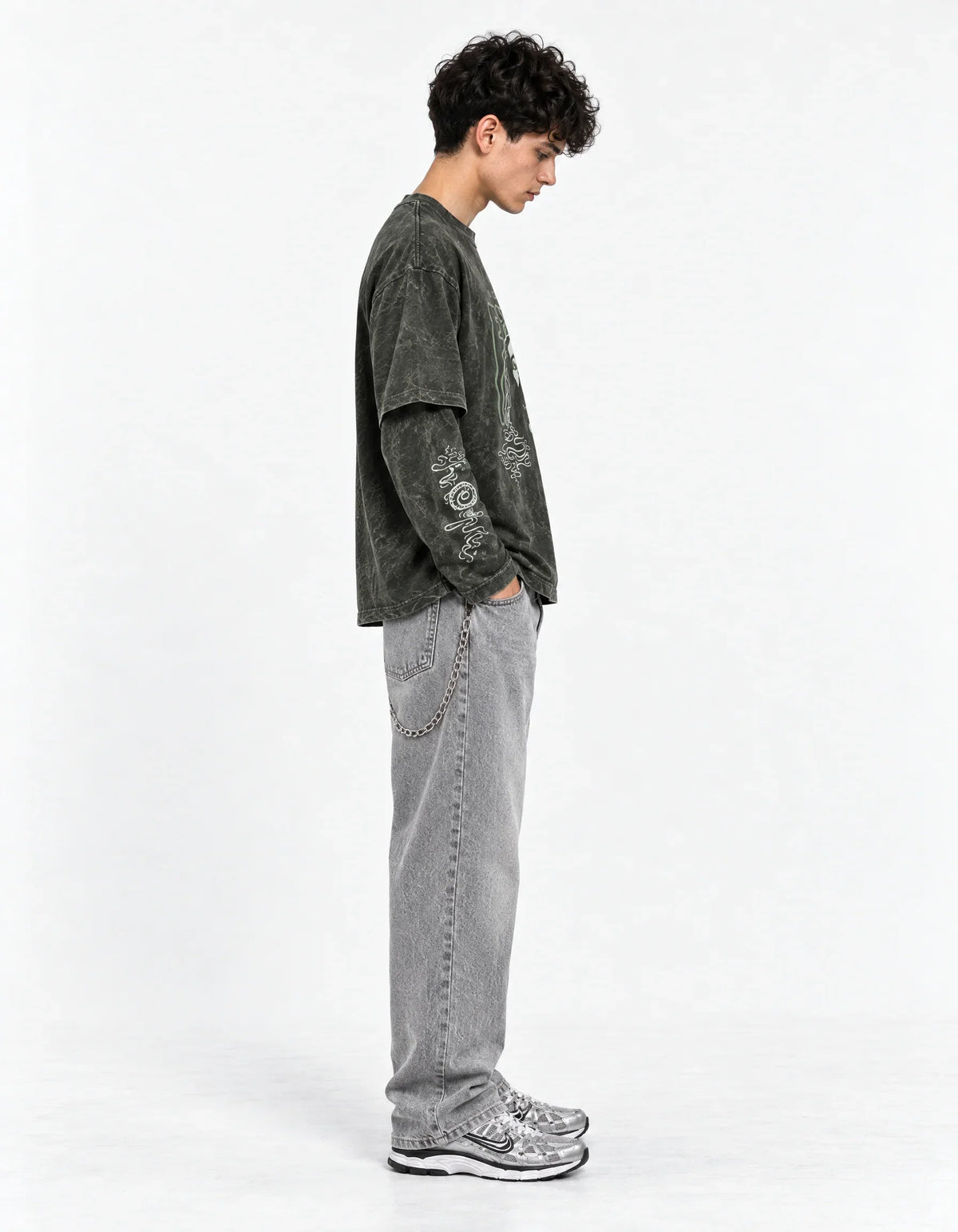 Ocean Eyes Acid Wash Layered Full Sleeve Oversized T-shirt — side view on model showing layered sleeves