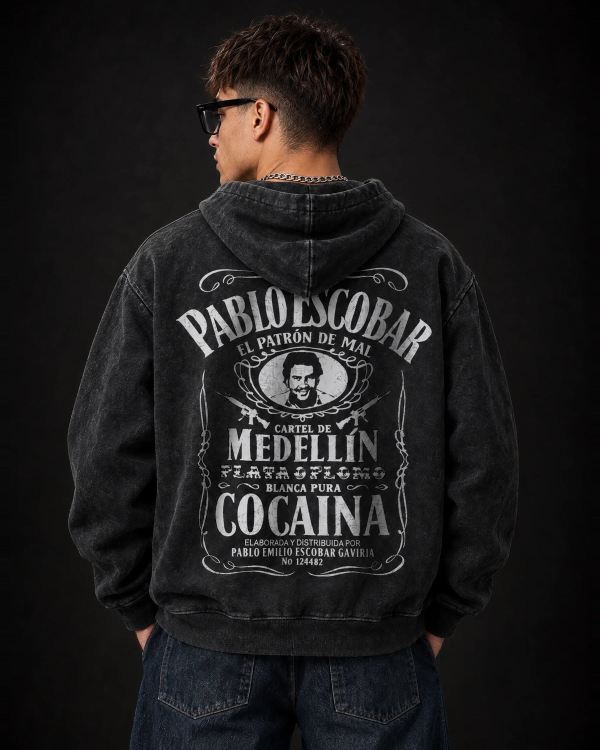 Pablo Escobar Shadow Empire - Acid Wash Hoodie - back view