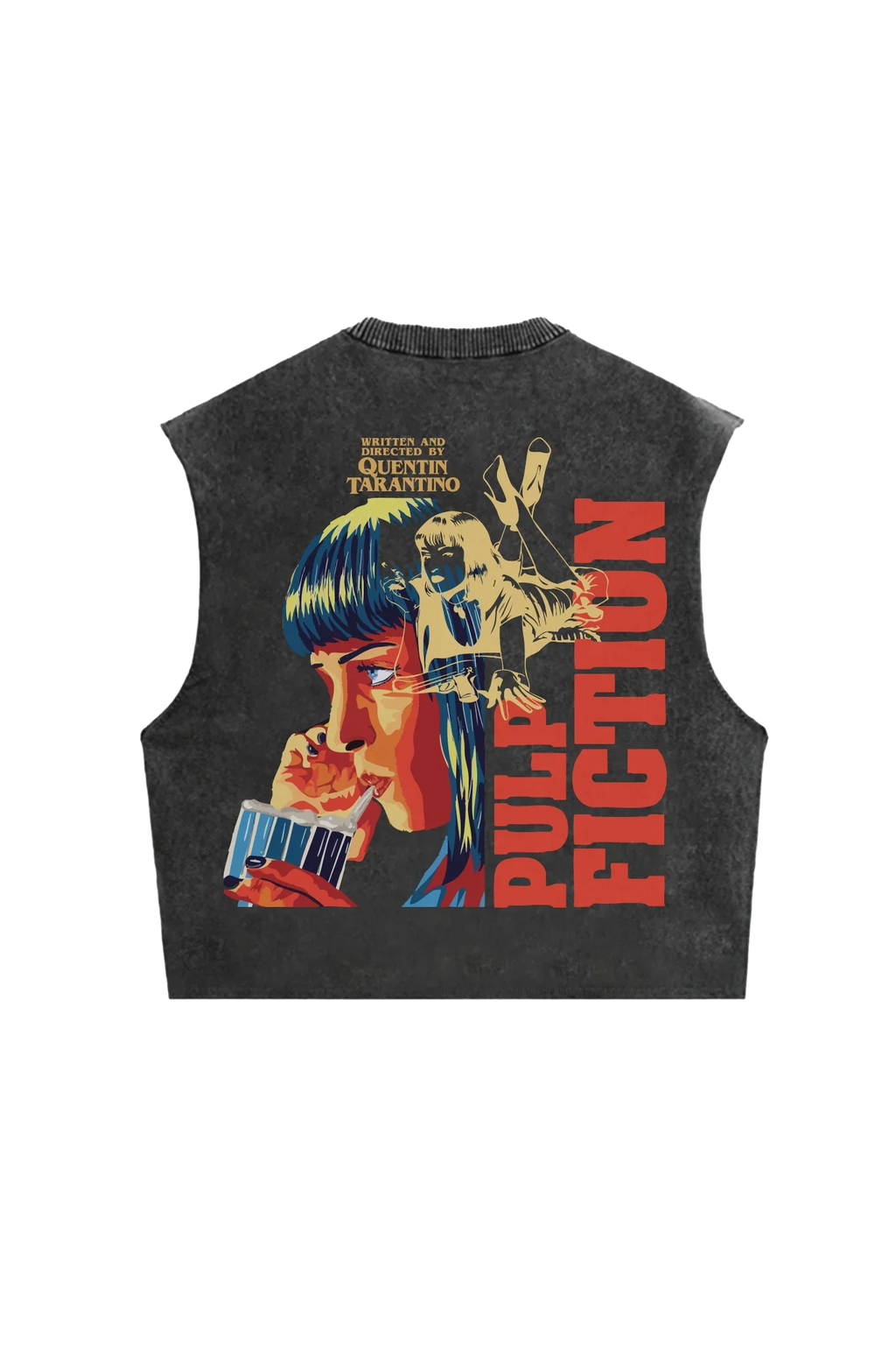 Back view of Jnorss Pulp Fiction drip oversized acid wash vest showing distressed denim fabric and oversized fit.