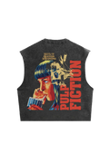 Back view of Jnorss Pulp Fiction drip oversized acid wash vest showing distressed denim fabric and oversized fit.