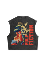 Back view of Jnorss Pulp Fiction drip oversized acid wash vest showing distressed denim fabric and oversized fit.