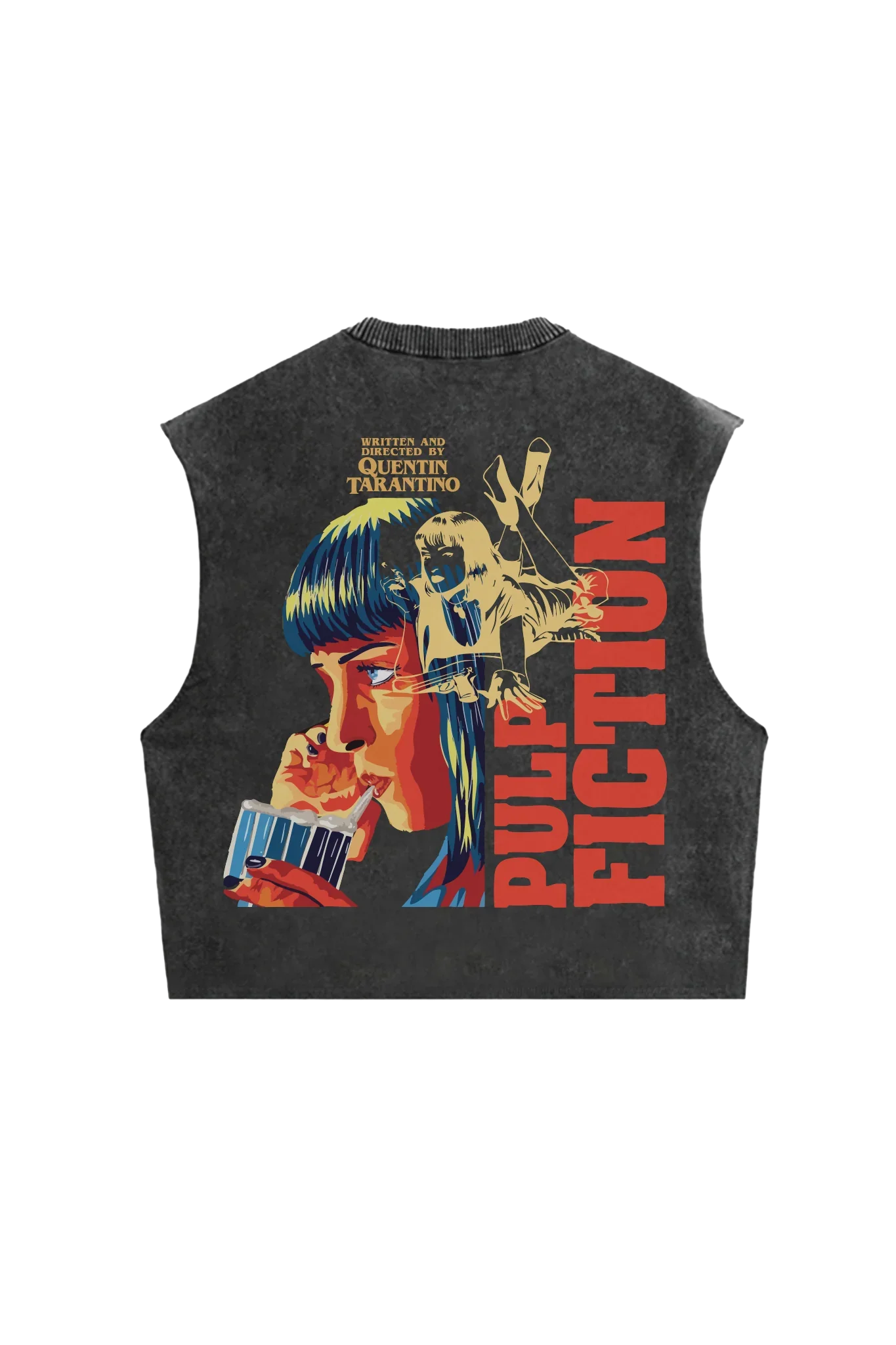 Back view of Jnorss Pulp Fiction drip oversized acid wash vest showing distressed denim fabric and oversized fit.