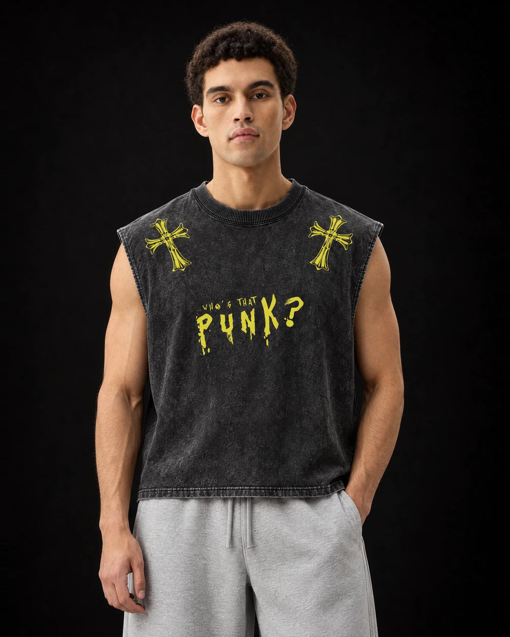 Punk Vintage Oversized Vest – front view on model